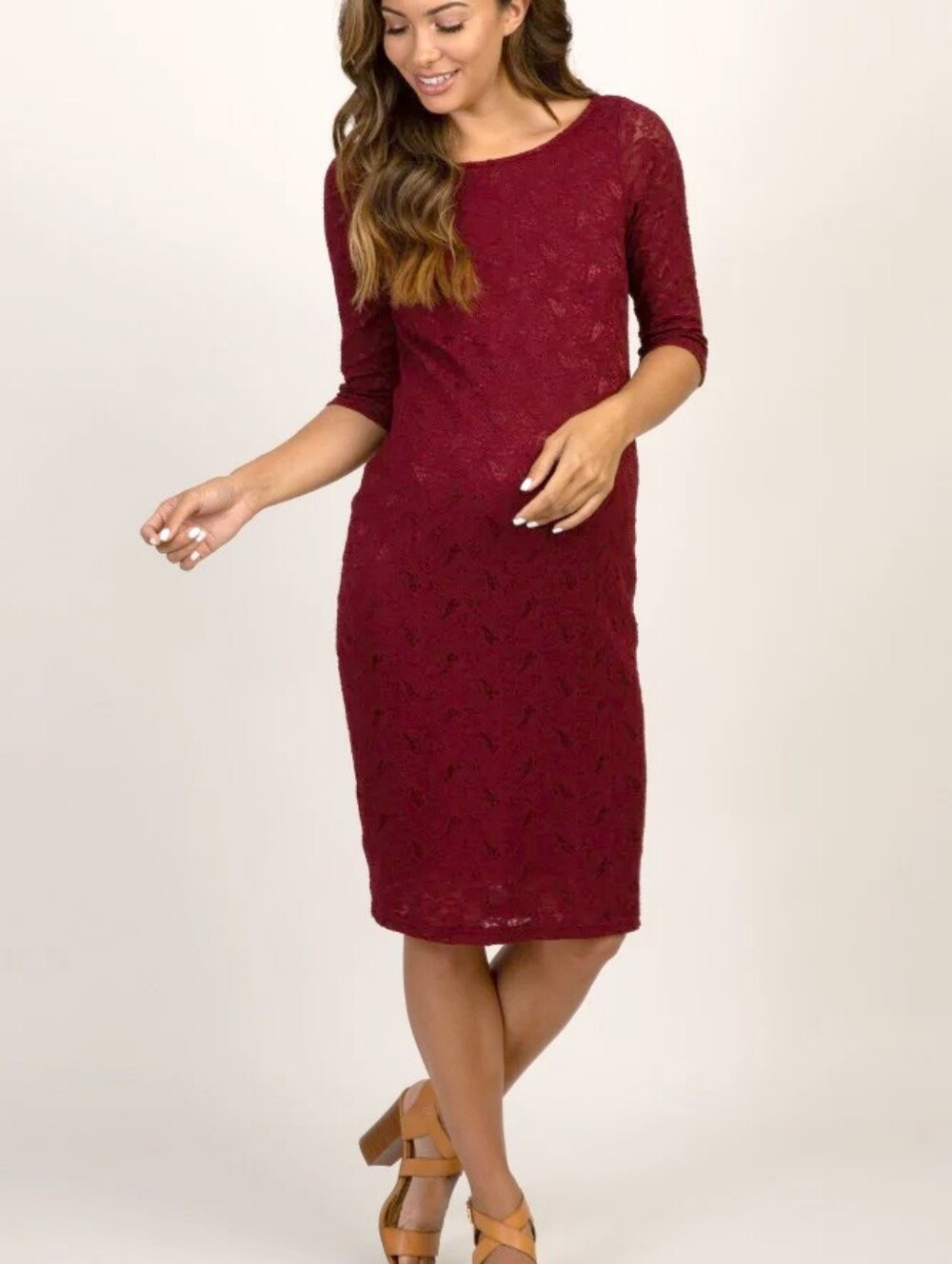 PinkBlush Burgundy Lace Fitted Midi Maternity Dress